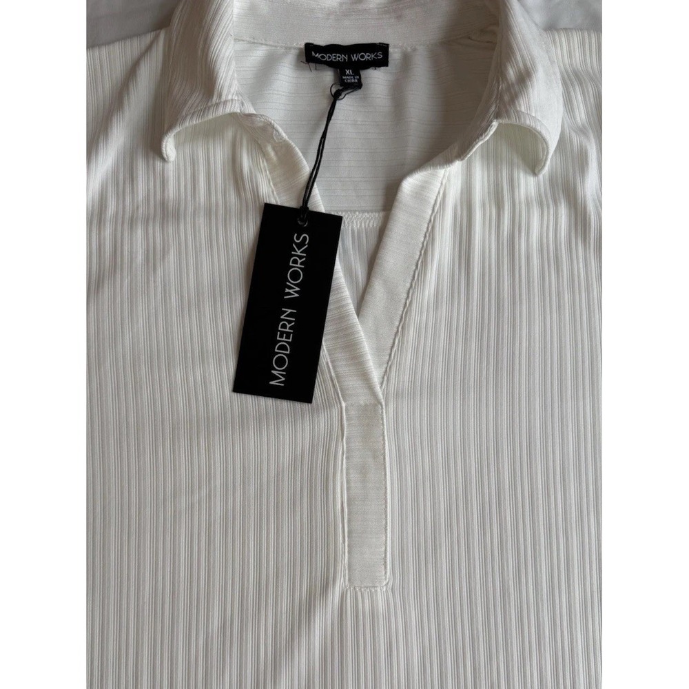 Modern Works Women's Short-Sleeved Top‎ Size XL White Ribbed V-Neck